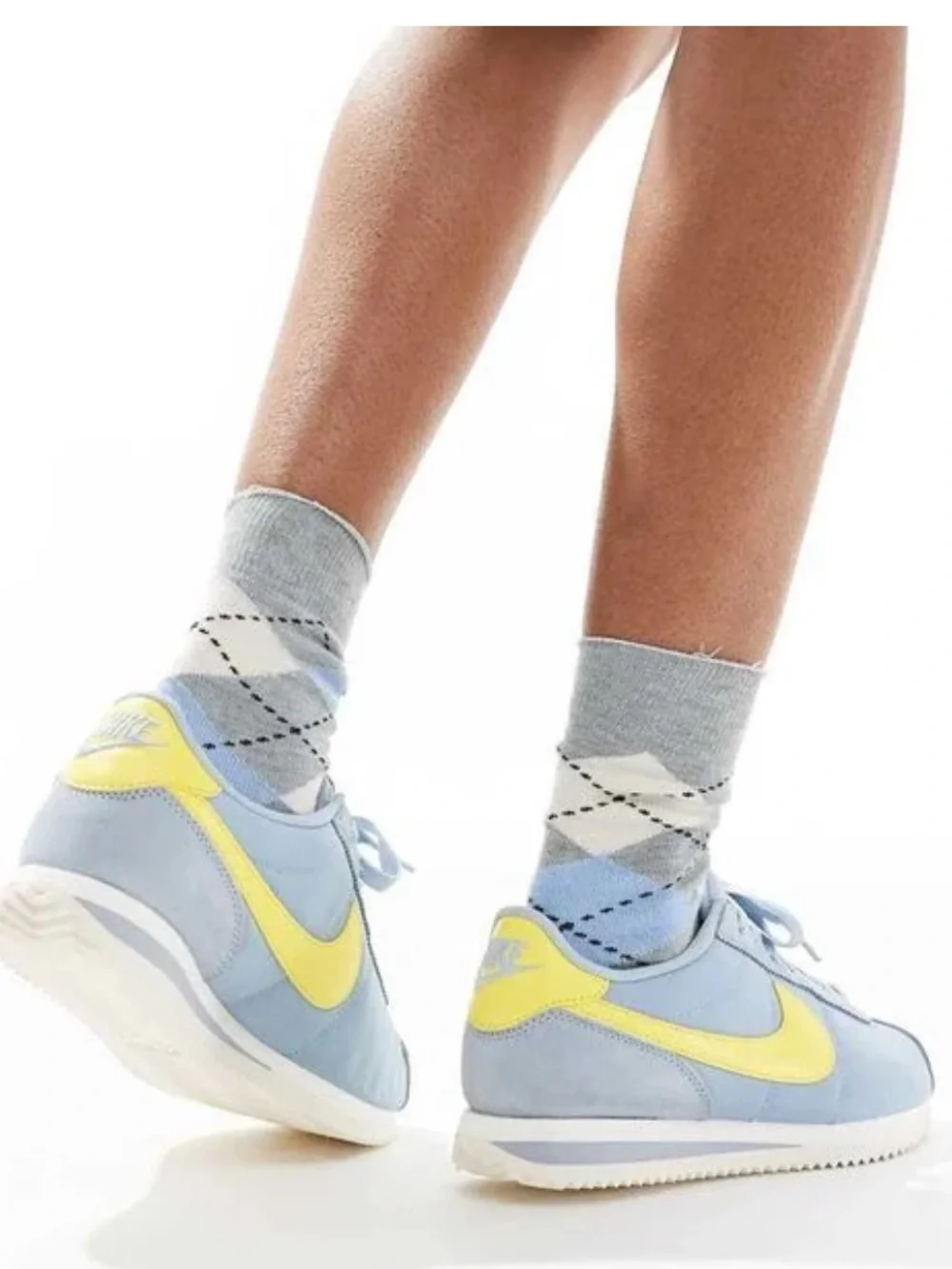 Nike Cortez Textile sneakers, light blue upper with yellow Swoosh Size 7.5